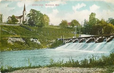 Mayville Wisconsin~Church On Hill Above Upper Dam~Falls~1910 Postcard • $5