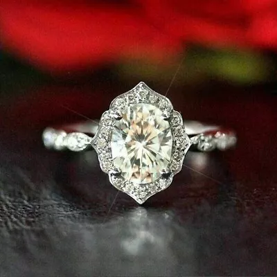 3Ctw Oval Cut VVS1 Moissanite Halo Engagement&Wedding Ring 14K White Gold Plated • $137.99