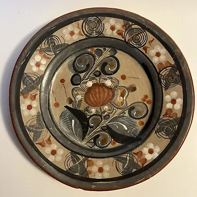 Mexican Burnished TONALA Folk Art Pottery Plate W/Flower 9.75  Ready To Hang • $18