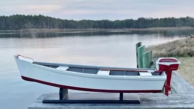 Wooden Skiff Model With Miniature Red Johnson Outboard For Crabbing & Fishing • $198