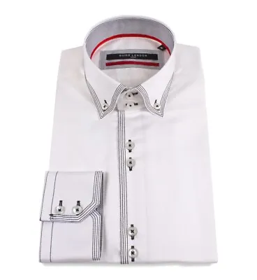 Men's Slim Fit Shirt White Satin Cotton Contrast Stitching Guide London LS72952 • £69.99