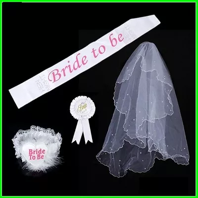 Bride To Be White Veil Badge Sash Lace Garter Set Hen Night Party Bachelorette • $15.80