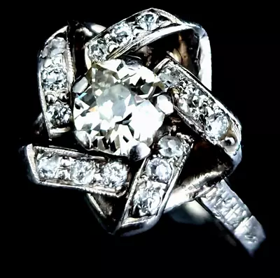 Antique Art Deco Old Mine Cut Diamond Platinum Ring Statement Or Engagement Gift • $1298