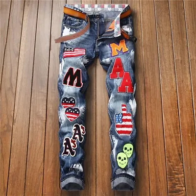 Men Jeans Straight Leg Pants Regular Fit Pants Flag Embroidery Motorcycle Jeans • $29.99