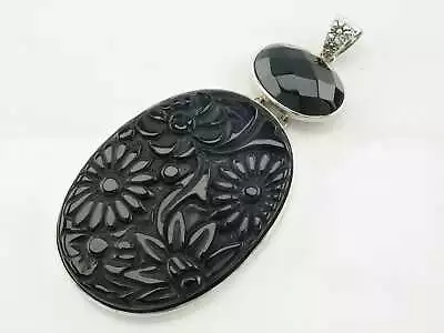 AKR Extra Large Black Jade Carved Flower Sterling Silver Pendant • $471.10