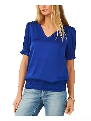 VINCE CAMUTO Womens Blue Smocked Pleated Silk Short Sleeve V Neck Blouse L • $14.99