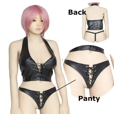 £8.99 • Buy Women's Sexy PVC Leather Halter Neck Straps  Top With Panties Set Lingerie Bra 