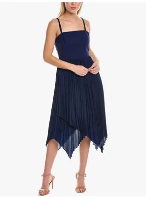 NWT Aidan Mattox Navy Blue Asymmetrical Pleated Midi Dress Size 16 • $37.34