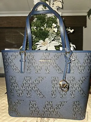 MICHAEL KORS Jet Set  Medium CARRYALL TOTE GRAPHIC LOGO  ADMIRAL BLUE NWT $298 • $139.99