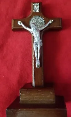 Christian  Catholic Stand Wood CROSS St Benedict With  Silver PLATED Crucifix  • $7.48