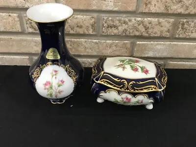 LINDNER KUEPS ECHT COBALT BLUE BAVARIA PORCELAIN GILT Set Of 2 Vase Covered Dish • $107.99