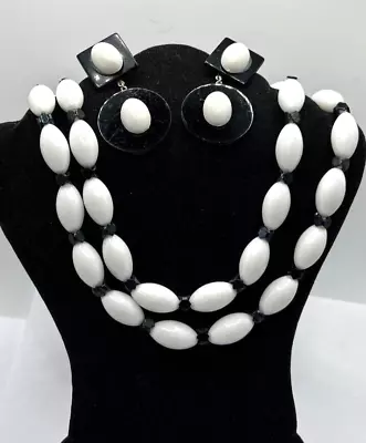 Vintage 2 Strand Black & White Lucite Hong Kong Choker & Pierced Earrings JCS • $27