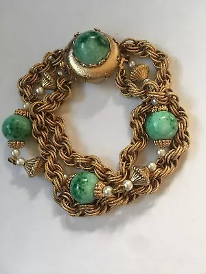 Vintage Napier Faux Jade Glass Triple Gold Chain BRACELET • $40