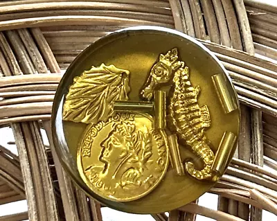 Vintage  Junque Deco  Treasure Button. Embedded Seahorse & Coin. 1 & 1/8 Inch • $5.95