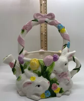 Ceramic Floral Easter Basket Shaped Like A Tea Pot With Bunny Rabbit 9 H X 7 L • $16.12