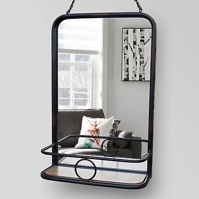 Industrial Wall Mirror Black Metal Frame Bathroom Mirrors Shelving Storage RACK • £31.61