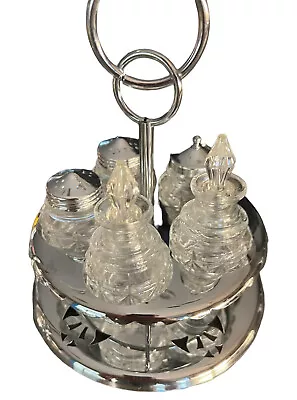 Vintage Glass Carousel Condiment Caddy Silver Salt N Pepper ToothpickVinegar • $19