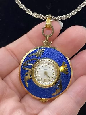 Vintage Long Watch Necklace Enid Blue Gold Asian  • $4.99