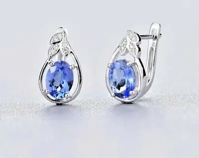 Lab Created Blue Tanzanite 2.3Ct Oval Cut Hoop Earrings In 14K White Gold Plated • $90