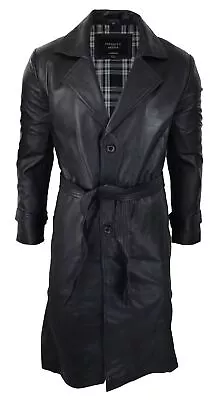 Mens Black 3/4 Mac Long Real Leather Classic Belted Punk Jacket Coat Vintage 80s • $256.49