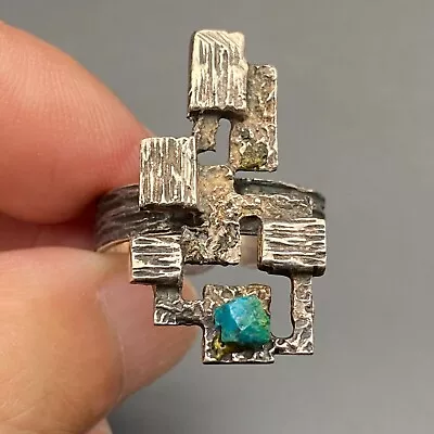 Vintage Brutalist Turquoise Sterling Silver Ring Adjustable Size 8 • $135