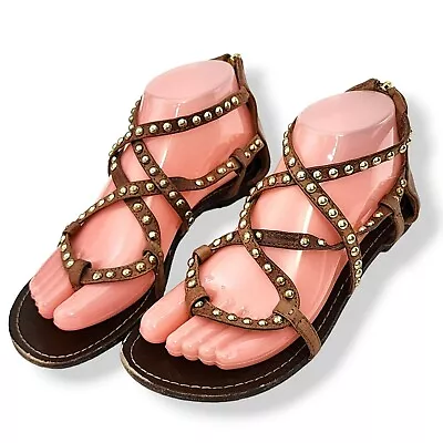 Steve Madden SABRI Leather Gladiator Sandals Gold Studs Back Zip Size 6.5 • $17.15