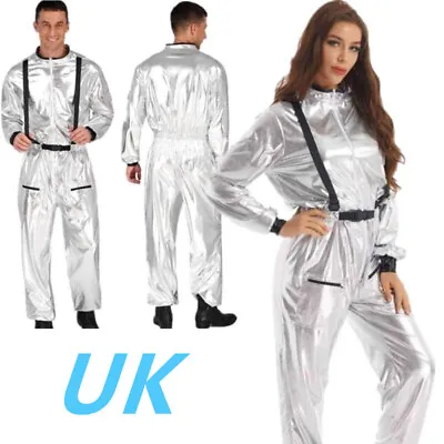 UK Adult Men Women Astronaut Role Play Costume Shiny Metallic Spacesuit Jumpsuit • £10.99