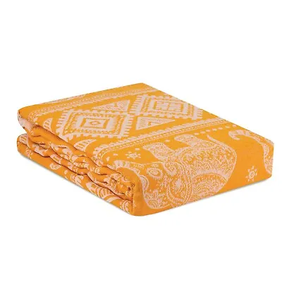 Yellow Elephant Fringe Bedspread Throw Blanket Soft Cotton Reversible Queen • $37.95