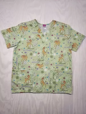 The Wonderful World Of Disney Women's SZ M Scrub Top Bambi Green Deer V Neck • $2.25