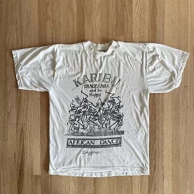 Vtg Tshirt Karibu Tanzania Zanzibar African Dance Travel Graphic Print M White • $27