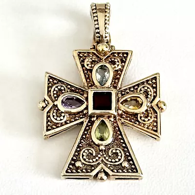 925 Sterling Silver Vintage Vermeil Multi Gemstone Maltese Cross Ladies Pendant • $70