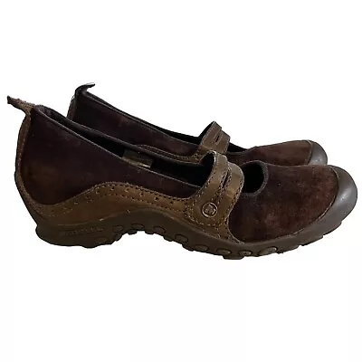 Merrell Bandeau Chocolate Plaza Brown Suede Mary Janes Low Wedge Shoes Sz 7.5 • $27.59