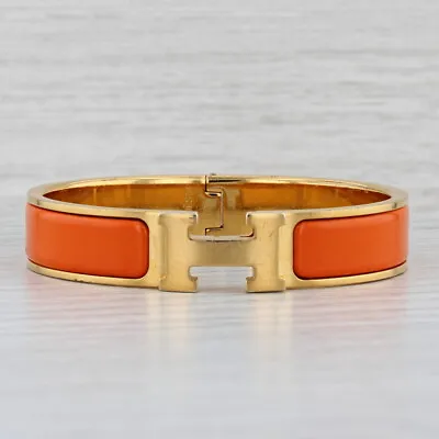 Hermes Bangle Bracelet Orange Enamel Click H Designer Statement 6.25  • $549.99