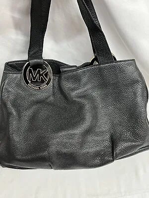 Michael Kors Fulton Large Black Pebble Leather Satchel Tote Bag Logo Hardware • $35