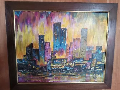 Vintage Canvas Abstract Modernist Skyline Cityscape Painting Signed Weiss 1972 • $85