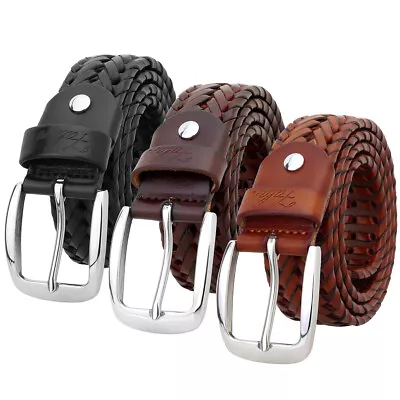 Falari® Men Leather Hand Braided Belt Stainless Steel Buckle Casual Dress Belt • $29.99