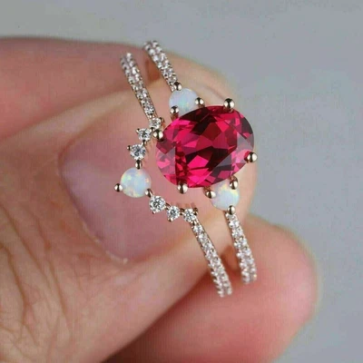 $234.45 • Buy 2Ct Oval Cut Red Ruby Fire Opal Bridal Set Lab-Created Ring 14K Rose Gold Plated