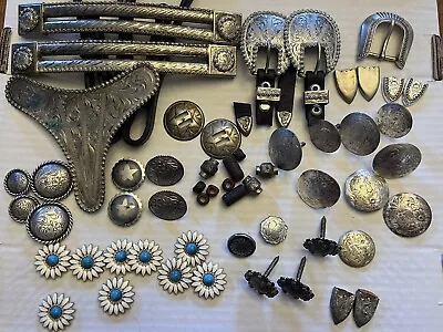Vintage Saddle Bridle Breastcollar Silver And Conchos.  65 Pieces! • $225
