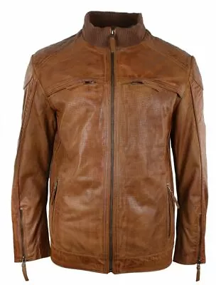 Mens Designer Tan Brown Biker Style Jacket Vintage Perforated Design Zip • $156.24