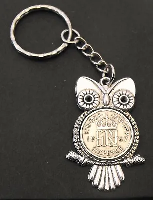 £2.95 • Buy 1947 75th Birthday Lucky Sixpence Owl Charm Key Ring Wedding Present Gift Bag X