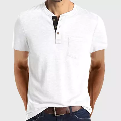 Men Casual Short Sleeve T-shirt V Neck Grandad Henley Golf Tee Shirt Tunic Tops • £12.39
