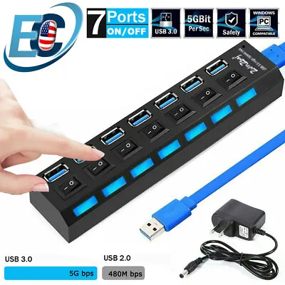 USB 3.0 Hub 7 Port On/Off Switch High Speed Splitter AC Adapter Cable PC Laptop • $5.99