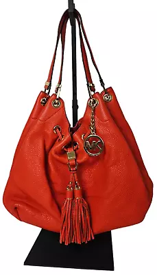 MICHAEL KORS Orange Pebbled Hobo Draw String Tassle Large Handbag Purse W/Pocket • $29.99