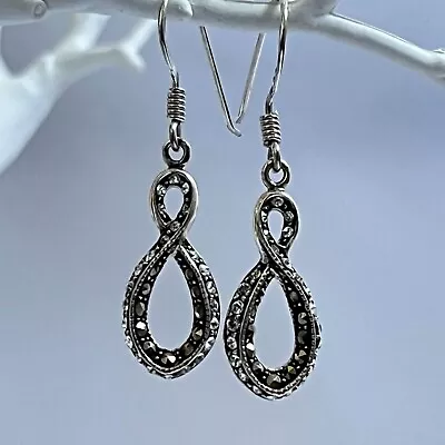 Sterling Silver Marcasite And Cubic Zirconia Infinity Drop Earrings • £0.99