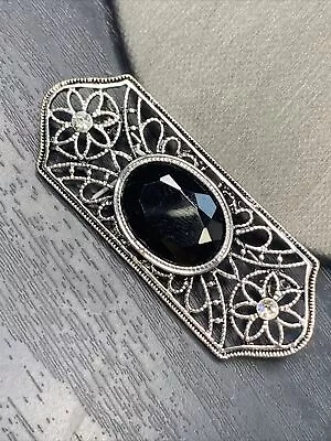 Vintage Clear Rhinestone Silver Tone Black Glass  Pin Bar Brooch  Vintage Gift • $12.58