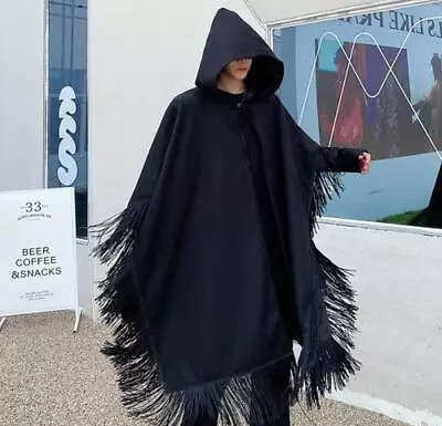 Men's Fashion Winter Hood Fringe Cape Coats Punk Gothic Loose Wool Cloak Coat  • $63.59