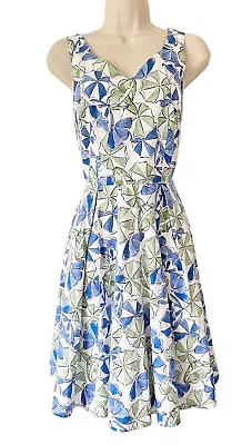 TU Blue Green 50s Sun Dress - Size 10 - Umbrella Print Cotton Full Skirt Vintage • £18.95