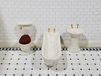 Dollhouse Bathroom Set Tub Toilet Sink All White 3 Pieces 1:12 Scale Miniatures • $24.99