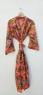 $36.29 • Buy Indian Orange Cotton Animal Printed Kimono Bath Robe Night Maxi Gown Kimono Robe