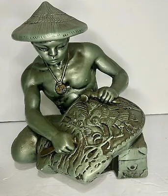 Universal Statuary Asian Man Carving Sculpture Green Gold Glaze 10  X 9  X 7.5  • $42.50